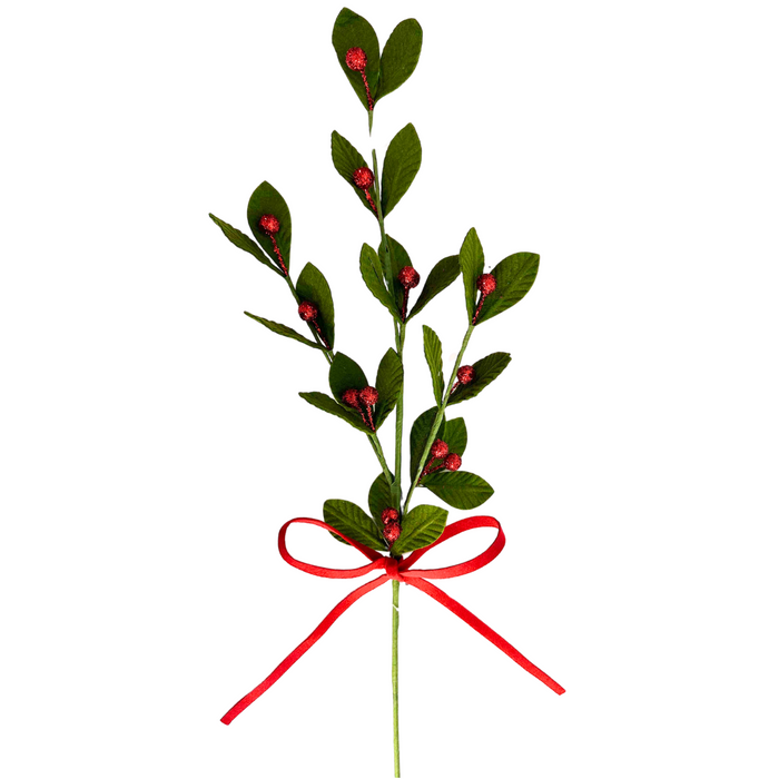The 31 Mistletoe and Holly Berry Branch (ISB73620) features green leaves and small red berries, tied at the base with a red ribbon bow, displayed against a white background.