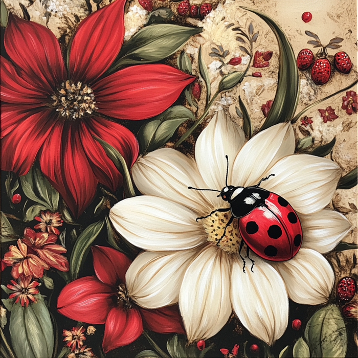 The 10 x 10 Ladybug Flower Sign TTE-237 beautifully shows a red and black ladybug on a white flower, amidst red and white blossoms with green leaves. Metal accents add subtle shine, enhancing the whimsical flower arrangement and additional ladybugs for an enchanting touch.