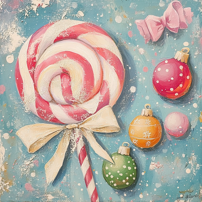 The 10 x 10 Candy Christmas Lollipop & Ornaments Sign (TTE-057) features a festive pink and white lollipop with a cream bow, colorful ornaments, and a pink ball on a snowy blue background—perfect holiday décor!.