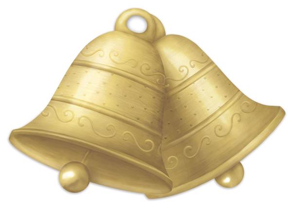 Two 12 L x 8.3 light gold/dark gold metal bells (MD101808) with decorative patterns and hanging loops are shown side by side, slightly overlapping, their gleaming finish adding elegance.