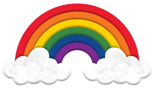 The 15 L by 8.25 Metal Rainbow Sign (MD114564) features red, orange, yellow, green, blue, and purple stripes arcing between white clouds—perfect for adding a vibrant touch to your decor.