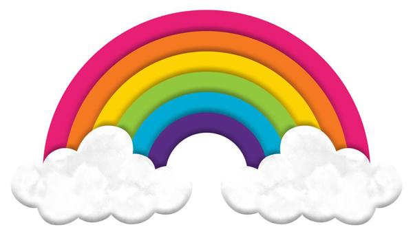 A 15 L by 8.25 metal rainbow sign features hot pink, orange, yellow, lime, turquoise, and purple arcs. The vibrant display is complemented by fluffy white clouds on each side against a plain white background.