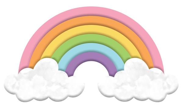 The 15 L by 8.25 Pink/Pch/Yellow/Green/Blue/Lavender Metal Rainbow Sign MD114566 features a rainbow with pastel arches and fluffy clouds on a white background, ideal as vibrant wall art for any room.