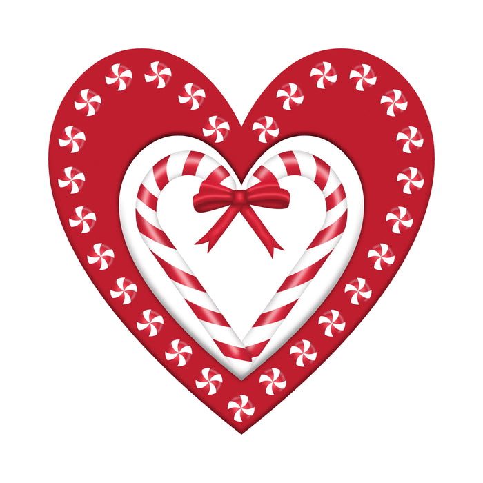The 12Sq Metal Candy Cane Heart Sign Red/White (MD137630) features a heart-shaped red and white metal frame with peppermint candy accents around a smaller candy cane heart and red bow, set against a white background.