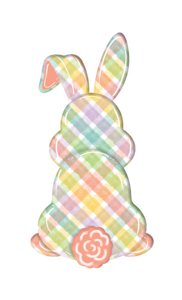 Add cheerful charm to your space with the 15H x 7.9L White, Peach, Green, Teal & Lavender Plaid Bunny Bottom Sign (MD1543F5). Its fresh plaid pattern and pink flower tail stand out on a white background—perfect for modern home decor.