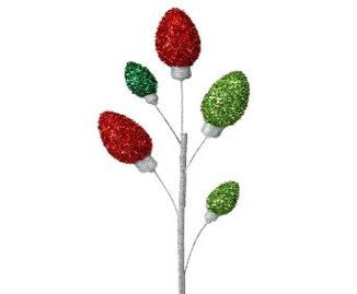 The 28" Retro Tinsel Bulb Spray Red And Green MTX59545 showcases five glittery, bulb-shaped ornaments in red and green, attached to a sleek silver stem. The bulbs evoke a nostalgic feel reminiscent of oversized Christmas light bulbs and retro tinsel decor.