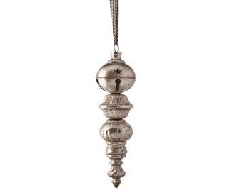 The 16.5 Metal Finial Ornament W/Rope Hanger Silver MTX66904 features a vintage tiered design with a small star cutout on top and hangs from a sturdy rope.