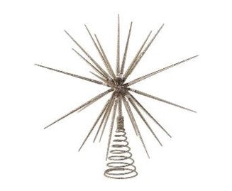 The 16" Starburst Tree Topper- Foldable Silver MTX68315 features a spiral base and spiky starburst design with long, thin metal rods, adding modern flair to your Christmas tree.