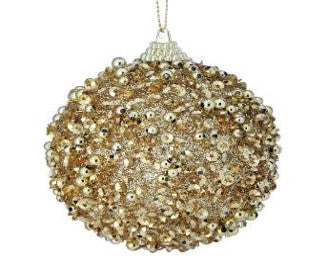 The 80Mm Glitter Ball Ornament Gold MTX69683 is a round 80MM decoration adorned with shiny gold sequins and beads, featuring a metallic cap and hanging loop for easy display.