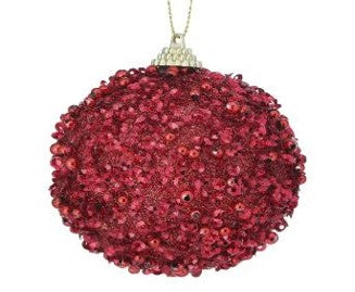 The 80MM Glitter Ball Ornament Red MTX69683 features a round shape with red sequins and beads, hanging from a thin gold string. Its textured surface provides a sparkling and festive appearance.