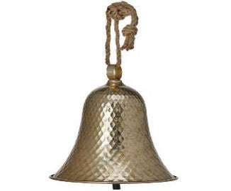 The 9.5" Metal Hanging Bell Gold MTX70382 features a hammered brass texture, classic flared shape, and smooth base. It hangs from a thick, knotted rope loop attached at the top for easy display.
