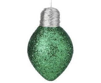 Introducing the 7" Glitter Lightbulb Ornament in Green (MTX70543), featuring a bulbous shape adorned with green glitter, a silver top, and an attached hanging string.