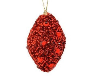 A 120mm red beaded finial ornament (MTX70580) covered in sequins and glitter, teardrop-shaped, hanging from a gold string; sold as a box of 3.
