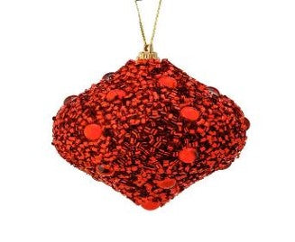 The 85Mm VP Beaded Onion Ornament (box of 3, Red MTX70581) features a diamond-shaped, vacuum-plated red design with sequins and beads, hanging from a gold string for an elegant touch.