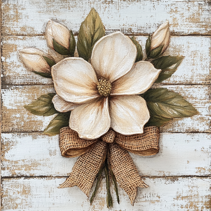 The 10 x 10 Magnolia with Burlap Bow Sign (TTE-190) features a rustic cream magnolia with buds and green leaves, accented by a burlap bow, set on a metal sign with a distressed white wooden background.