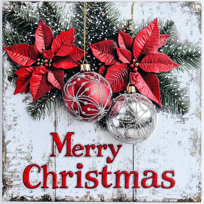 The 10 x 10 Merry Christmas Red & Silver Sign (TTE-066) features red poinsettias, pine branches, and red and silver ornaments above a festive greeting—ideal rustic Christmas decor for your home.