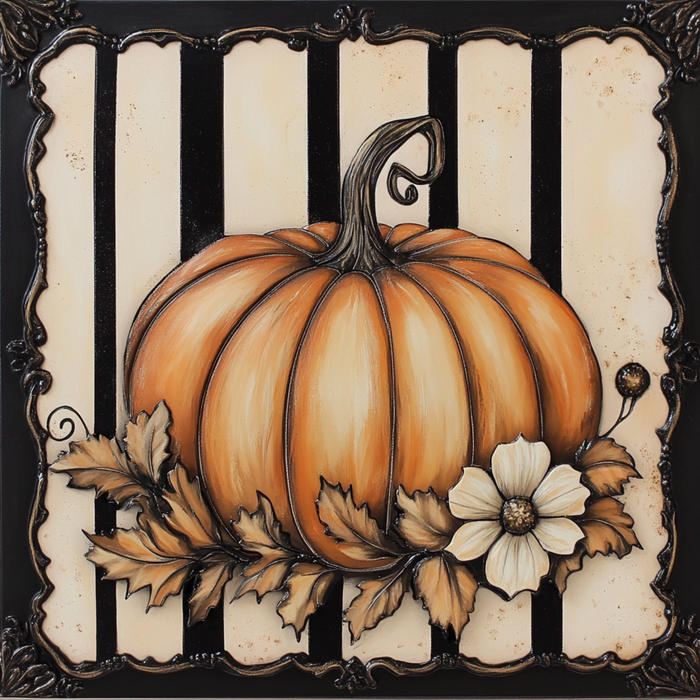 The 10 x 10 Elegant Orange Pumpkin Sign (TTE-073) features a vintage-style pumpkin with brown leaves and a white flower on a black-and-cream striped background in an ornate black frame—perfect as unique metal wall decor.