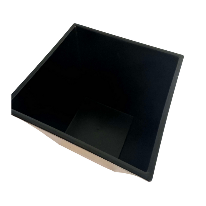 The 5 Christmas Gold Square Plastic Pot P0220XGLD, viewed from a slightly elevated angle, shows its deep and empty interior against a plain white background, echoing the allure of a Gold Pot.