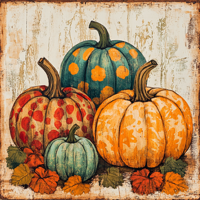 The 10 x 10 Fall Patterned Pumpkins Sign (TTE-076) features four decorative pumpkins on autumn leaves against a rustic wooden background, making it the perfect fall decor for any home.