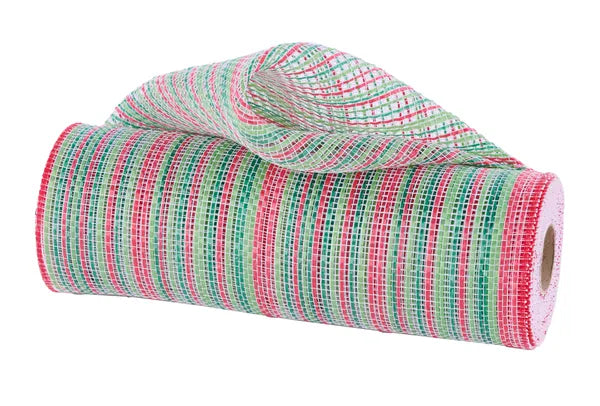 A 10X10YD Red Lime Emerald White Vertical Multicolor Stripe Mesh (RE1369XX) roll, partially unrolled and displayed on a white background.