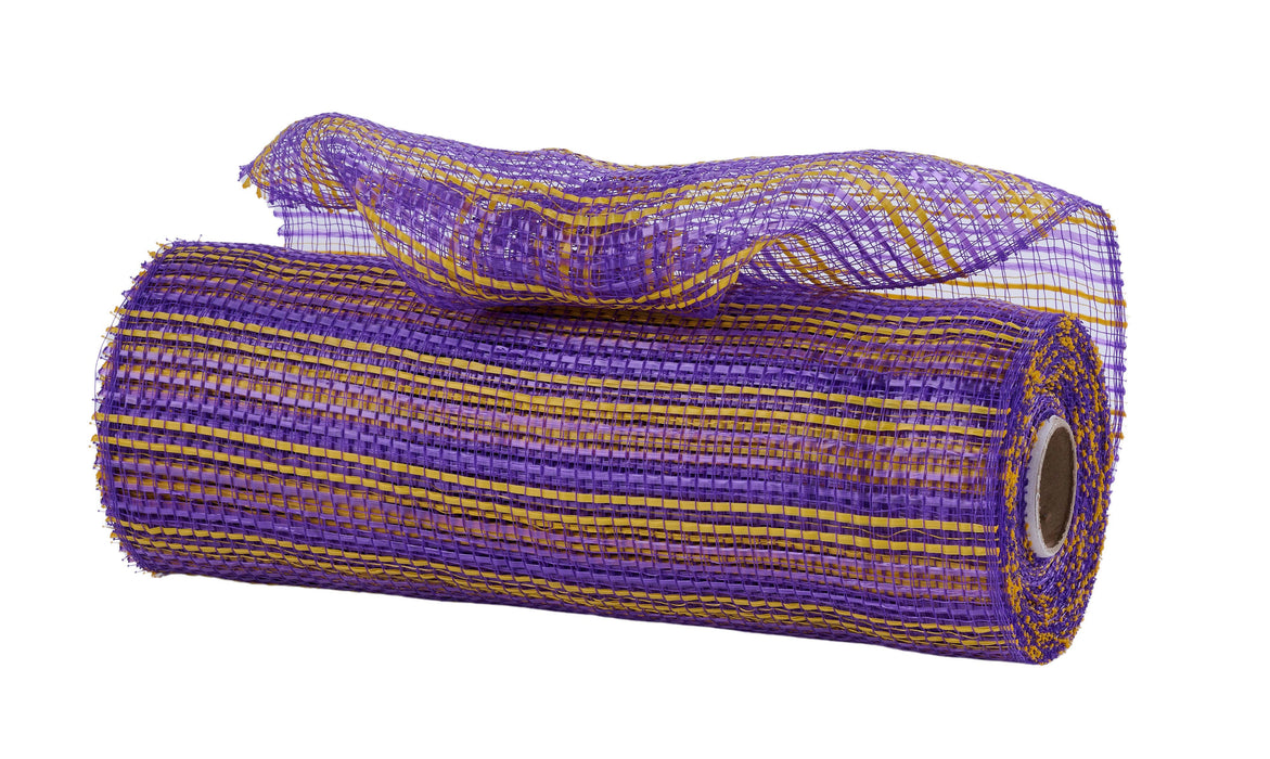 A partially unrolled roll of 10X10Yd Horizontal Wide Stripe Mesh Purple/Yellow (RE8902WE) is displayed against a white background.