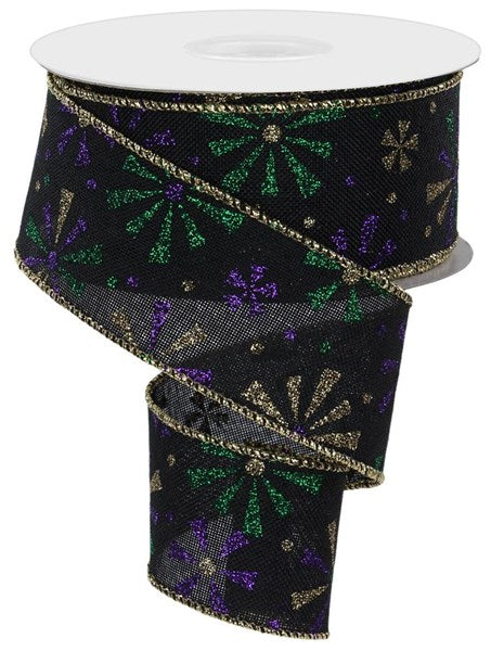 The 1.5X10YD Black Mardi Gras Vintage Pinwheels Ribbon (RGE116402) features a black base with vibrant green, purple, and gold starburst patterns and a gold border. It unrolls spirally, reminiscent of charming vintage pinwheels.