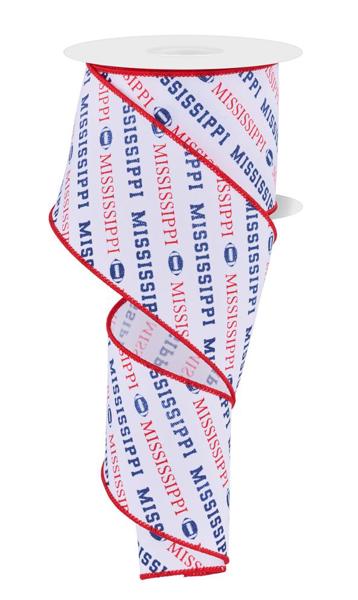 The 2.5X10Yd Mississippi Diagonal Pattern White/Red/Navy Blue RGF1125 is a wired ribbon spool with MISSISSIPPI in red and blue text, blue state symbols, and red trim on a spiral-wound white ribbon.