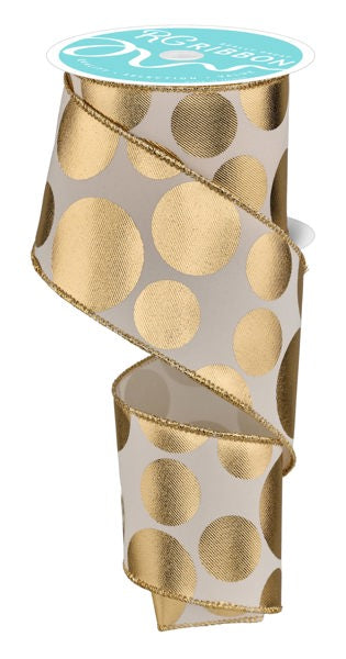 A 2.5x10yd ivory/gold ribbon (RGF113630) featuring shiny multi-size gold dots and elegant gold edges, partially unspooled in a loose curl.