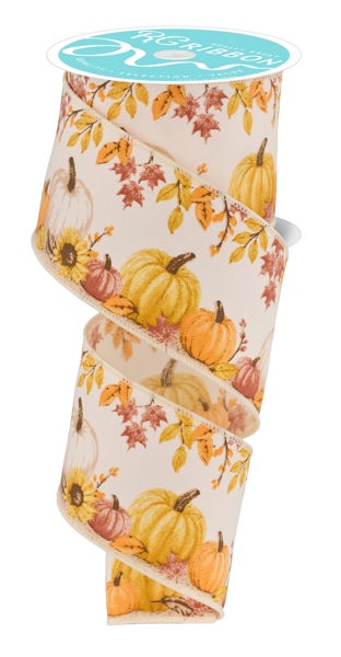 A 2.5 x 10yd ivory ribbon (RGF129937) with a fall design of white, yellow, and orange pumpkins plus colorful foliage—perfect for seasonal decor.