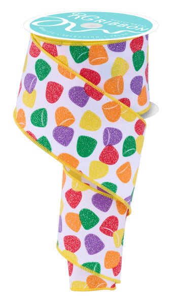 The 2.5 x 10Yd White/Yellow/Red/Green/Orange Gumdrops Ribbon (RGF1631RT) features a decorative spool with colorful gumdrop shapes and bright yellow edging.