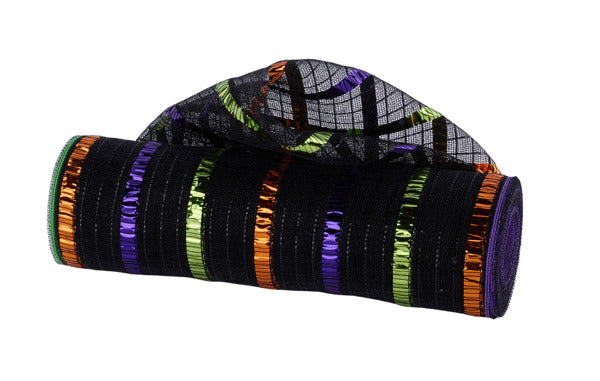 A 10.25x10yd roll of Fine Weave XL Foil Stripe Mesh (RY503676) featuring black, orange, purple, and lime metallic stripes with a shiny, grid-like pattern.