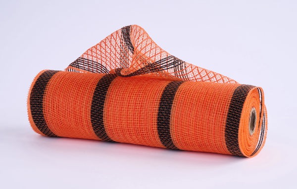 A partially unrolled 10.5X10Yd Orange and Black Faux Jute Striped Mesh (RY8337F7) lies on a white surface, featuring vibrant orange with black stripes for decorative use.