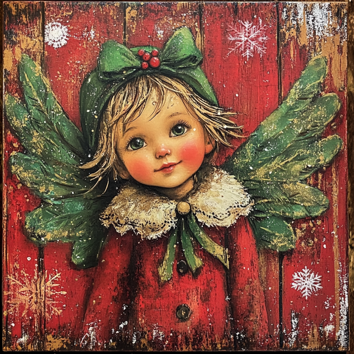 The 10" x 10" Rustic Christmas Angel Sign (TTE-083) features a charming illustration of a rustic Christmas angel, depicted as a cherubic child dressed in red with a green hat and wings. Set against a weathered red backdrop, the scene captures snowflakes gracefully dancing around the metal sign, highlighting the angel's warm expression, festive collar, and holly-adorned hat.