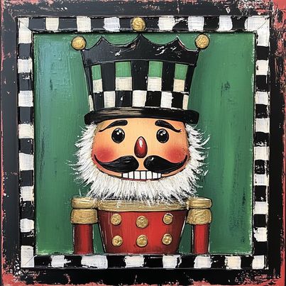 The 10 x 10 Red and Emerald Nutcracker with Black and White Border Sign (TTE-018) features a smiling Nutcracker with rosy cheeks, white beard, red and emerald uniform, tall checkered hat, on a green background with a checkered border.