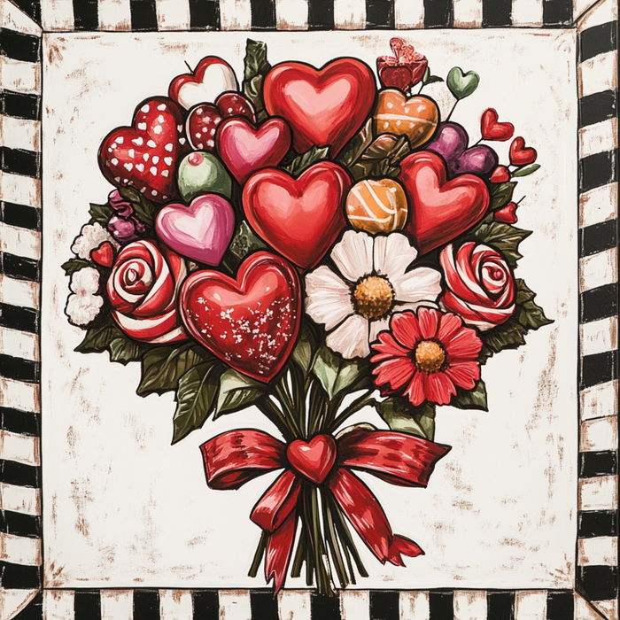 A vibrant illustration of the "10\" x 10\" Valentine Bouquet Red Bow Sign TTE-126" features heart-shaped and classic flowers in shades of red, pink, and white. Perfect for home decor, this piece is elegantly framed with a black and white striped border reminiscent of an elegant metal sign.