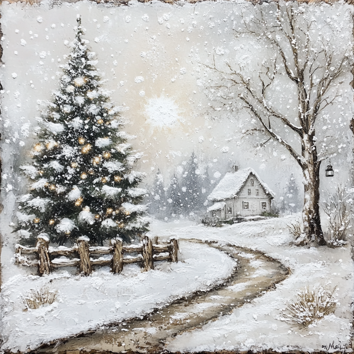 The 10 x 10 White Winter Scenery Sign (TTE-062) features a festive Christmas tree, wooden fence, and cozy cottage in snowy woods—an ideal winter decor piece or charming metal sign for your home.