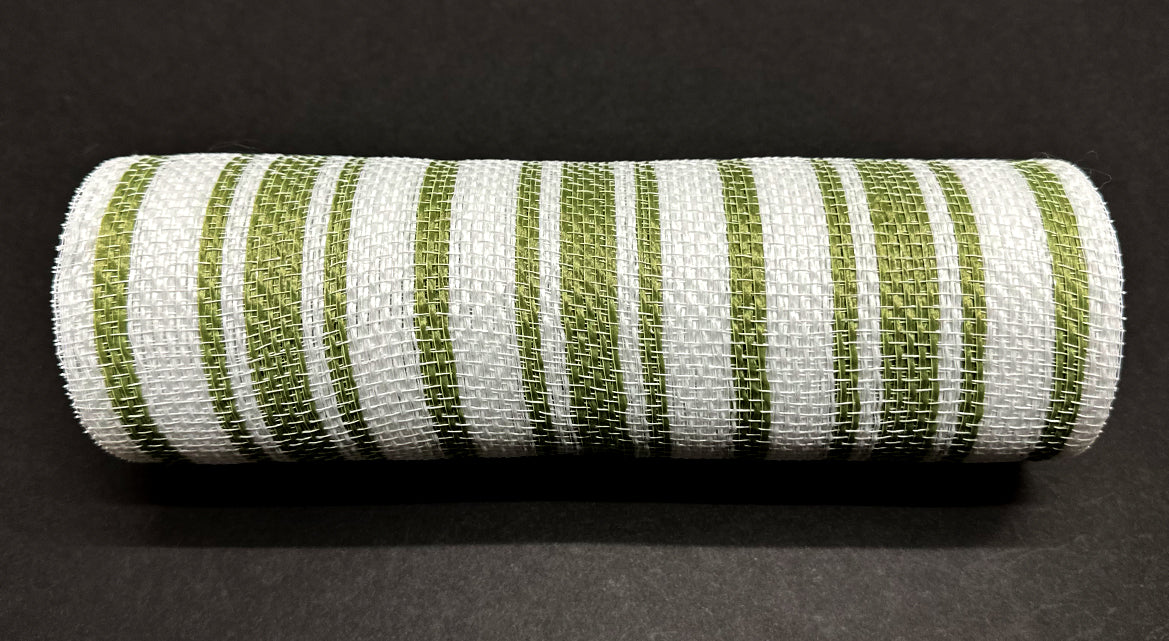 The White-Moss Ticking Fabric Mesh (10X10Y XB240310-08) is elegantly showcased with striking alternating white and moss stripes against a black background.