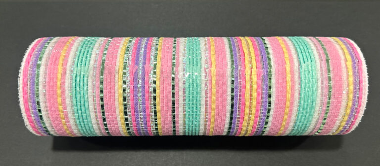 The 10X10Y Pastel Spring Striation Mesh (XB251510-03) is a cylindrical roll of fabric with vibrant horizontal pastel stripes in pink, turquoise, yellow, and green against a dark background, ideal for versatile crafting.