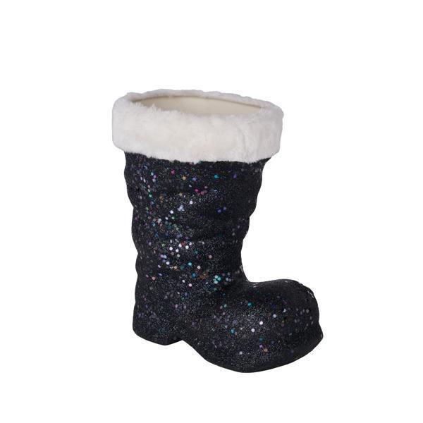 A 9.5 Black and White Glitter With Fur Santa Boot (XC723402) featuring a fuzzy white cuff and sparkling glitter stands upright on a plain white background.