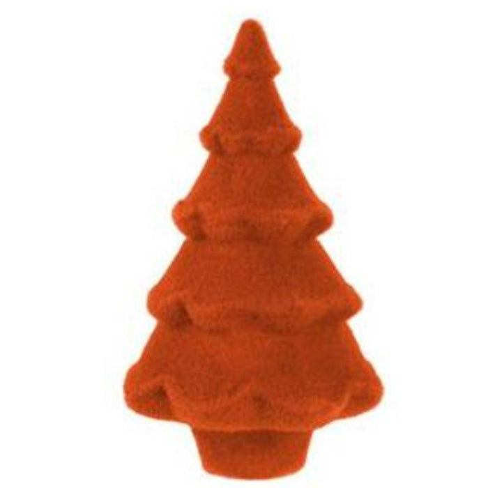 A 12-inch-high by 7-inch-diameter decoration from the "Flocked Full Tree" series, featuring a Christmas tree shape with tiered branches and available in six assorted bright colors, stands elegantly against a white background.