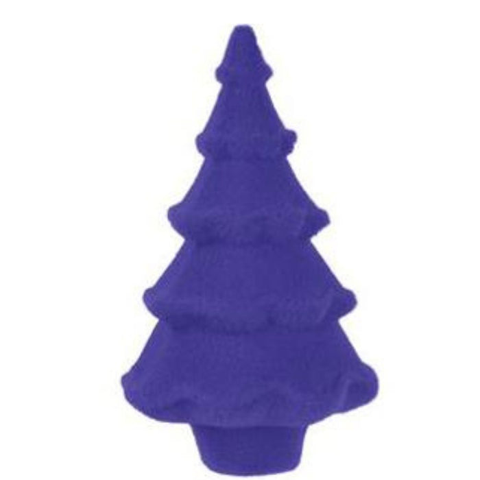 A purple, stylized 12-inch high by 7-inch diameter flocked full Christmas tree, featuring a simple tiered design against a white background, showcases assorted bright colors that add a festive touch to the XT859099 model.