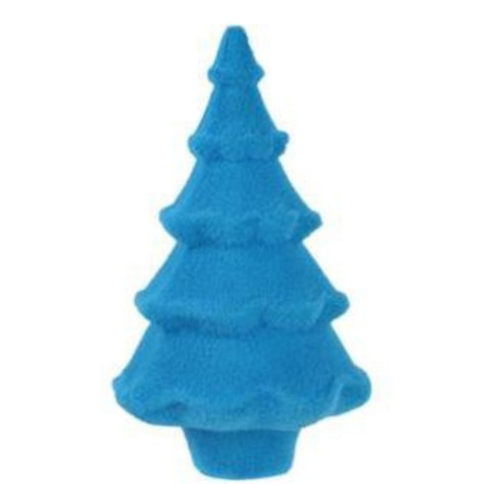 A 12-inch high, 7-inch diameter soft toy designed like a flocked full tree, available in six assorted bright colors.