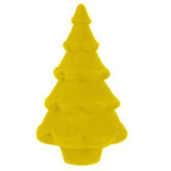 A yellow, tree-shaped object resembling a simplified Christmas tree set against a plain white background is reminiscent of the vibrant 12"Hx7"Dia Flocked Full Tree from the XT859099 collection, which features an assortment of six bright colors.