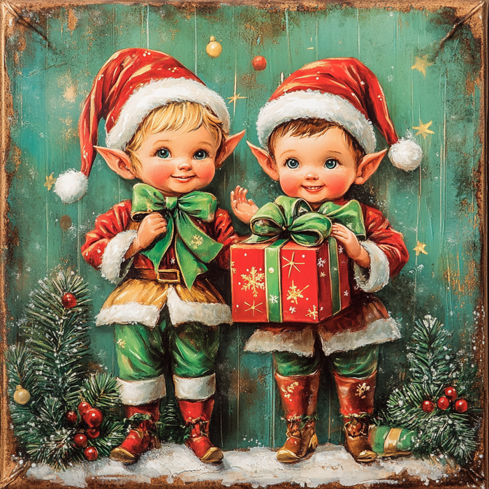 The 10 x 10 Vintage Baby Christmas Elves Sign (TTE-027) features two cheerful elves in festive outfits and Santa hats holding a present beside decorated trees and ornaments on a teal background.