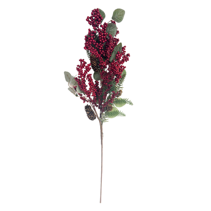 The 32 Eucalyptus Berry Spray 62054 features red berries, green leaves, small pinecones, and pine needles on a brown stem, creating a festive decorative branch.