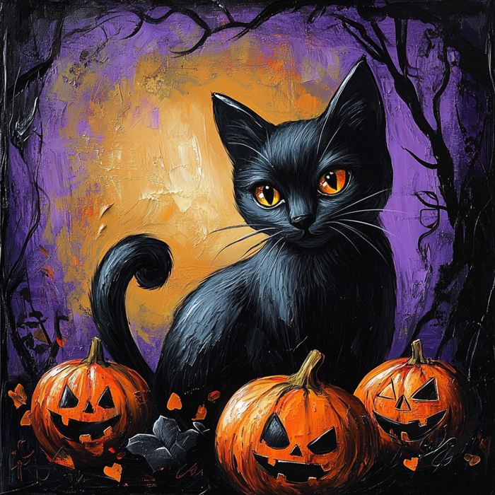 The 10 x 10 Black Cat & Jack-O-Lanterns Sign (TTE-033) features a black cat with orange eyes among jack-o’-lanterns, set against a purple sky and glowing full moon—ideal for spooky Halloween decor.