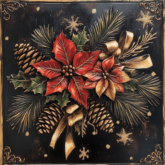 10" x 10" Red Poinsettia and Pinecones Sign TTE-017