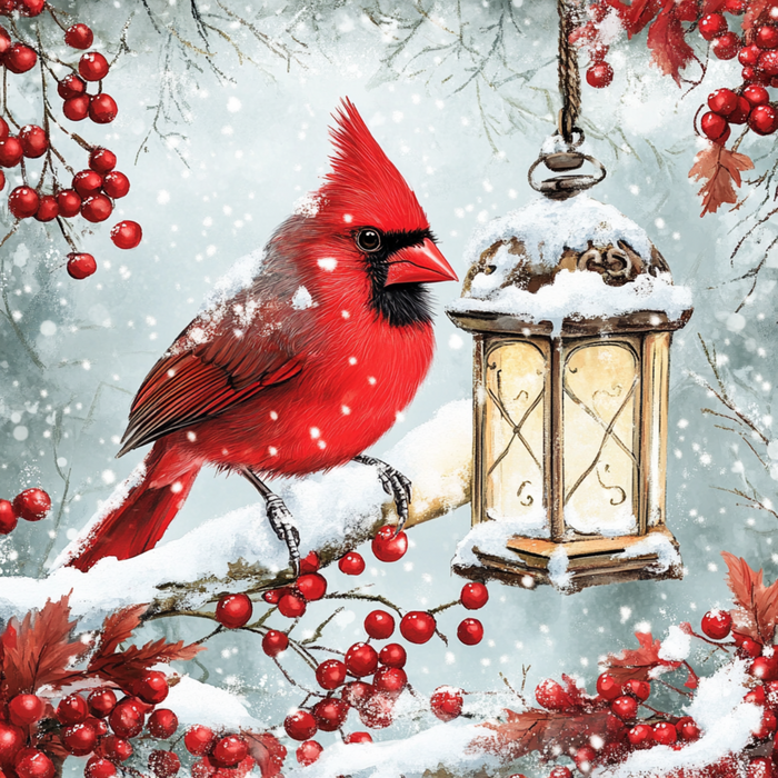 The 10 X 10 Cardinal on a Branch by a Lantern Sign -TTE-010 features a bright red cardinal on a snowy branch beside a glowing lantern sign, surrounded by red berries, snow-covered leaves, and gently falling snow.