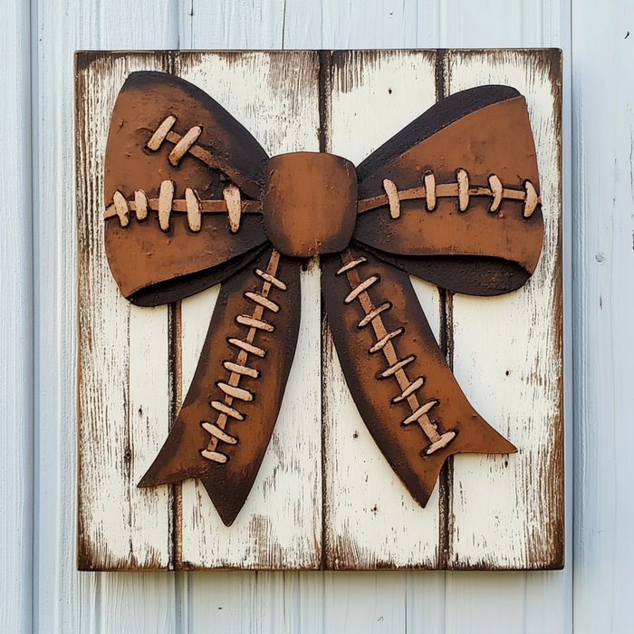 The 10 x 10 Football Laced Bow Sign TTE-039 features a large brown football-laced bow with stitching details on a rustic white wooden background, making it a perfect decorative piece.