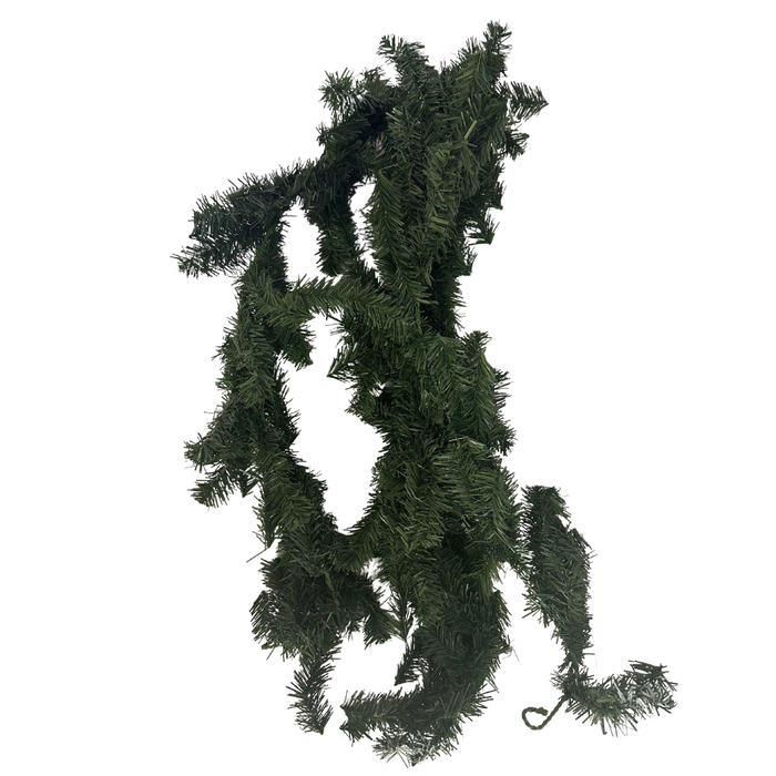 A 9 PVC Christmas Garland (81191-GN) features dense, pine-like green foliage and is displayed coiled against a white background.